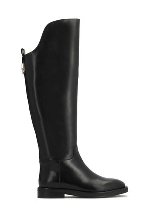 Botte haute en cuir noir avec un petit talon, bout arrondi, fermeture éclair latérale et languette à tirer en haut à l'arrière.