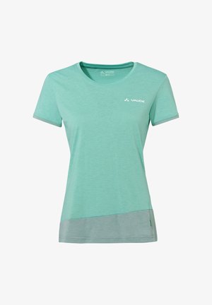 Hellgrünes Damen-T-Shirt mit kurzen Ärmeln und Rundhalsausschnitt, unten mit einem dunklergrünen diagonalen Streifen versehen, auf der Brust ein kleines weißes Vaude-Logo.