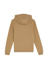 Khaki hættetrøje med lange ærmer, blød tekstur, ribbede manchetter og kant, med en central søm bagpå og et minimalistisk design.