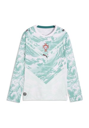 Maglia da calcio a maniche lunghe con motivi ondulati bianchi e turchese chiaro, stemma della nazionale portoghese e logo Puma centrati sul petto.