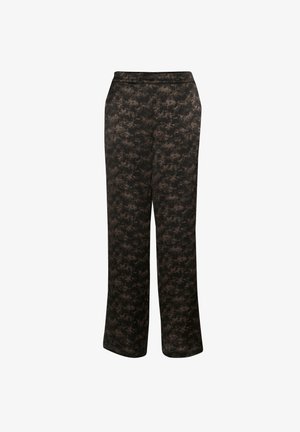 Sötétbarna, széles lábú nadrág absztrakt, foltos mintával. Lapított derékpánttal és puha, texturált anyaggal rendelkezik.