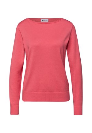 Korallrosa tröja med långa ärmar, rund halsringning, ribbad nederkant och muddar, mjukt stickat tyg, enkel design utan mönster eller utsmyckningar.