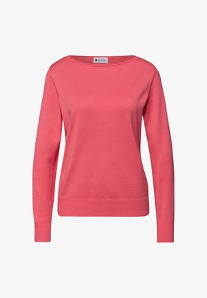 Korallrosa tröja med långa ärmar, rund halsringning, ribbad nederkant och muddar, mjukt stickat tyg, enkel design utan mönster eller utsmyckningar.