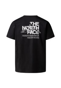 Černé bavlněné tričko s krátkým rukávem, na zadní straně s bílými grafikami hor a textem "THE NORTH FACE". Standardní střih.