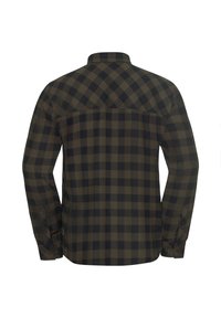 Chemise à manches longues à carreaux verts foncés et noirs, avec un col boutonné, une texture à motifs et des poignets ajustables.