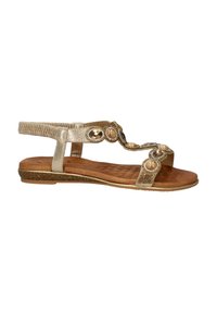 Gouden metallic sandalen met een platte zool, voorzien van een gestructureerde bruine inlegzool, decoratieve ronde accenten en een elastische strap aan de achterkant.