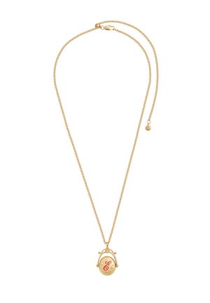 Gouden ketting met ovale hanger, voorzien van een sierlijke rode letter "E" en kleine stergravures.