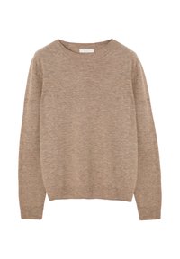 Pull beige en maille avec un col rond, des manches longues et un ourlet côtelé. Texture douce avec un motif mélangé subtil sur toute la surface.
