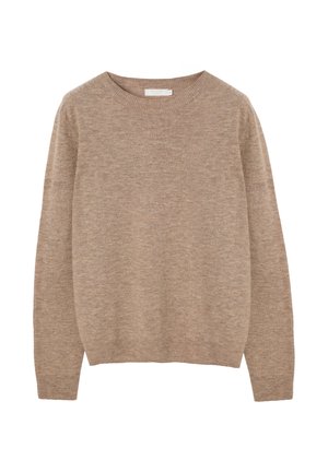 Pull beige en maille avec un col rond, des manches longues et un ourlet côtelé. Texture douce avec un motif mélangé subtil sur toute la surface.