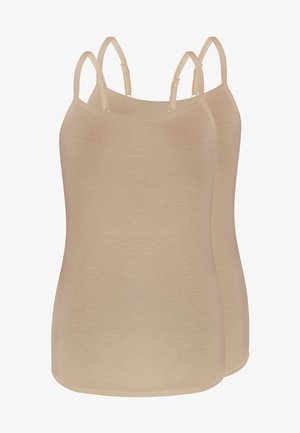 Zwei beige Trägershirts mit dünnen Trägern, aus einem leichten, glatten Stoff und einem figurbetonten Design, das sich gut zum Layering eignet.