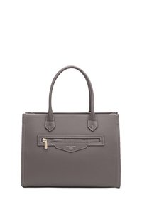 Sac en cuir gris avec deux poignées supérieures, poche zippée à l'avant, couture décorative et accent en métal doré.