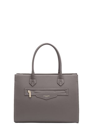 Gray leather handbag with two top handles, zippered pocket on front, decorative stitching, and gold-tone hardware accent.