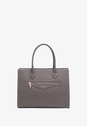 Grijze leren handtas met twee bovenhandvaten, een ritszak aan de voorkant, decoratieve stiksel en gouden accenten.