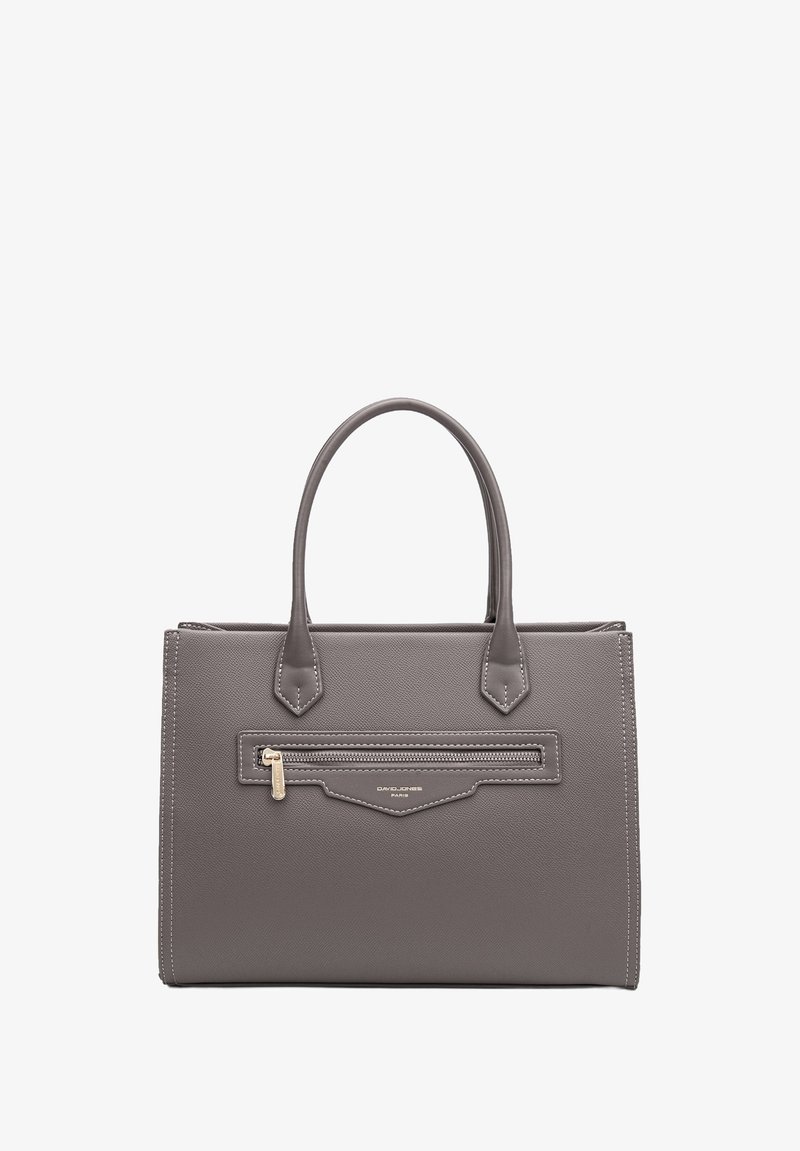Grijze leren handtas met twee bovenhandvaten, een ritszak aan de voorkant, decoratieve stiksel en gouden accenten.