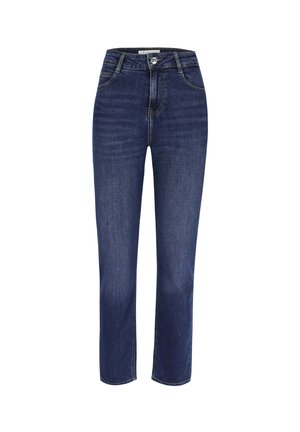 Tamsiai mėlynos džinsinės kelnės su tiesiu šonu, su klasikiniu penkių kišenių dizainu, užtrauktuku, sagos uždarymu ir subtiliais siuvimo akcentais.