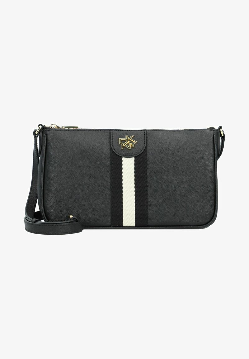 Sac à main synthétique noir avec une finition texturée, quincaillerie dorée et une bande blanche bien visible. Anse réglable incluse.