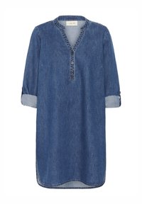Denim tunika obleka v temno modri barvi, z zaobljenim ovratnikom, zapenjanjem na tri gumbe, zavihanimi rokavi in ukrivljenim robom.