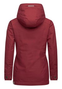 Red waterproof jacket with a hood, featuring a smooth texture, slightly tapered design, snap button cuffs, and a logo at the back.