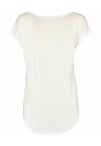 White short-sleeve top with a loose fit, round neckline, and a curved hem. Made from smooth, lightweight fabric. No patterns or embellishments.