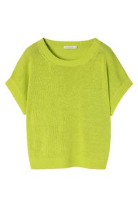 Krátký rukáv, svetřík v limetkově zelené barvě, pletený s pružnými okraji a kulatým výstřihem, vystavený na bílém pozadí.}}
