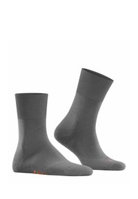 Grau melierte Baumwollmischsocken mit geripptem Bündchen und glatter Textur. Mit einem orangen Akzent nahe der Zehe. Crew-Längen-Design.
