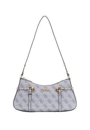 Sac d'épaule Guess gris clair avec motif monogramme bleu, plaque logo dorée, accents de boucle et strap fin réglable.