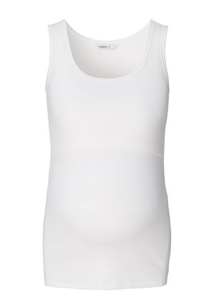 Witte zwangerschaps tanktop, mouwloos, gemaakt van geribbeld materiaal. Heeft een aansluitend ontwerp en een elastische tailleband voor comfort.
