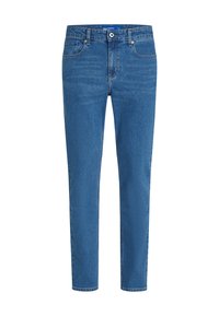 Zila taisna piegriezuma džinsi ar priekšējo pogu aizdari, jostu cilpām un piecu kabatu dizainu uz balta fona.