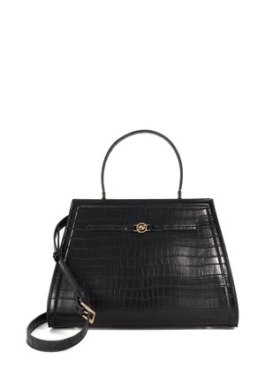 Black crocodile-patterned handbag with a structured design, top handle, and detachable shoulder strap. Features gold hardware accents.