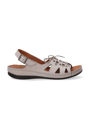 Light gray leather sandal with an open toe, cut-out details, adjustable ankle strap, and brown inner lining. Rubber sole for comfort.