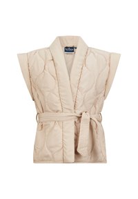 Beige Steppweste mit weiten Ärmeln und tailliertem Gürtel. Sie hat einen Reverskragen und ein strukturiertes Muster auf dem gesamten Material.