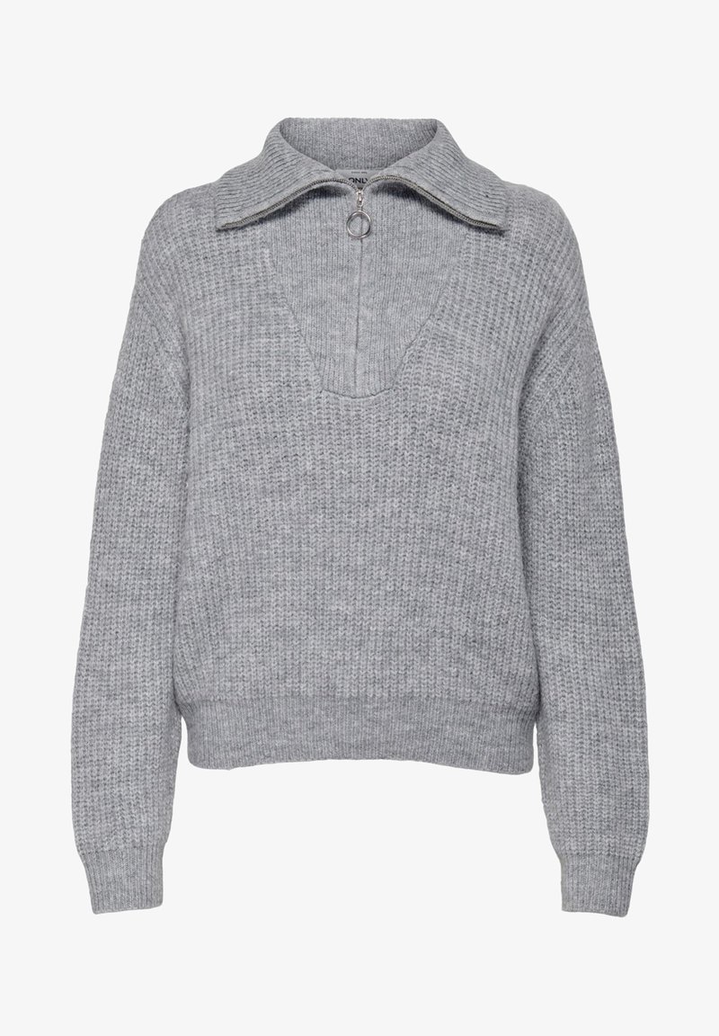 Pull gris en tricot avec col et fermeture éclair à moitié. Présente un motif texturé et des poignets ainsi qu'un ourlet côtelés.