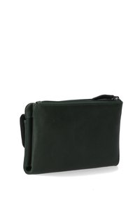 Dark green leather wallet with a smooth texture, featuring a zip closure and minimalistic design, rectangular shape, and no visible hardware.