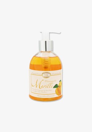 Pump bottle of orange liquid soap labeled "Marille" with apricot illustration and German text, featuring a white pump and silver collar.