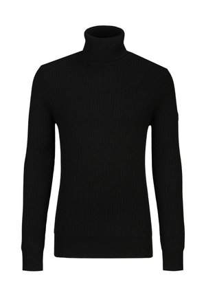 Schwarzer gerippter Strickrollkragenpullover mit langen Ärmeln und enganliegenden Bündchen, dargestellt vor weißem Hintergrund.