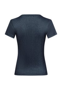 Short-sleeve t-shirt in dark blue with a textured, ribbed fabric. Features a classic crew neck and a form-fitting silhouette.