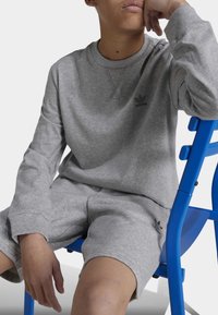 Grauer Pullover und Shorts aus einem Baumwoll-Mischgewebe. Merkmale: gerippte Bündchen, lockere Passform und kleines schwarzes Logo auf der Brust. Hintergrund in blauer Farbe.