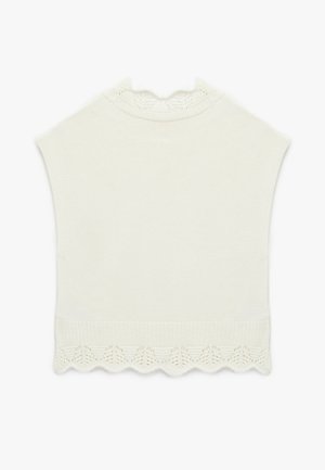 Top blanco de punto con un borde de encaje en forma de ondas en el cuello y en el borde inferior. Diseño sin mangas, textura suave y forma simple y limpia.