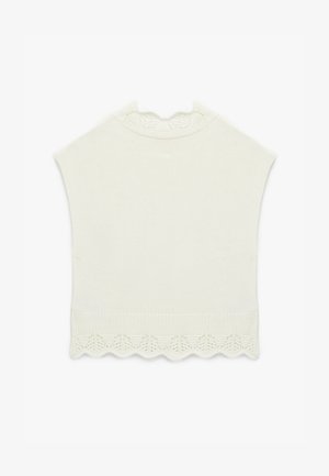 Top blanco de punto con un borde de encaje en forma de ondas en el cuello y en el borde inferior. Diseño sin mangas, textura suave y forma simple y limpia.