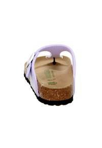 Purple sandal with a cork footbed, rubber sole, and a cutout design. Features a single strap with a decorative button detail.