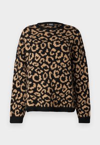 Pull noir avec un motif léopard en nuances de brun. Il présente un col rond et des manches longues avec des poignets côtelés.