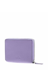 Portefeuille en cuir violet avec une fermeture éclair, présentant une texture lisse et un détail de logo subtil pour la protection RFID. Forme rectangulaire compacte.