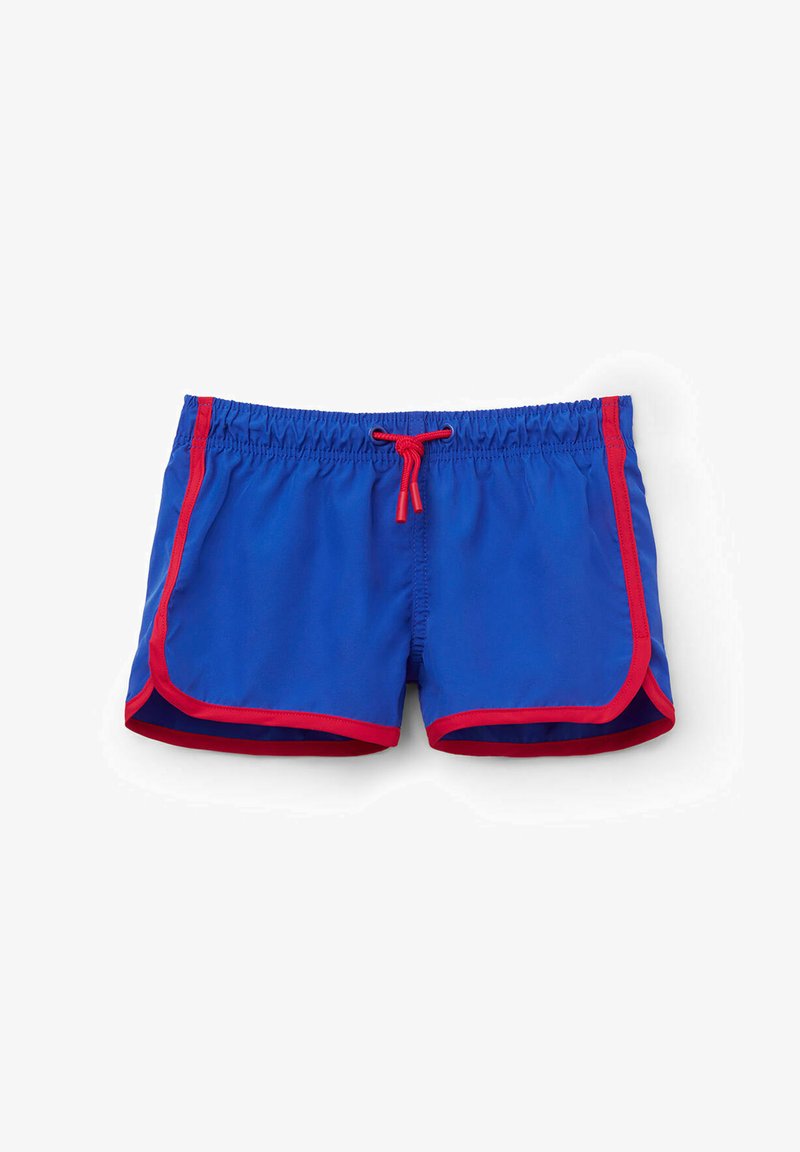 Herrbadebyxor i klarblått tyg med röda detaljer, med resårmidja och dragsko, samt rundade sidokanter.