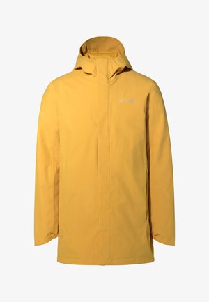 Gelbe wasserdichte Jacke mit Kapuze, ausgestattet mit einem Frontreißverschluss, langen Ärmeln und elastischen Bündchen. Minimalistisches Design mit Logodetail auf der Brust.