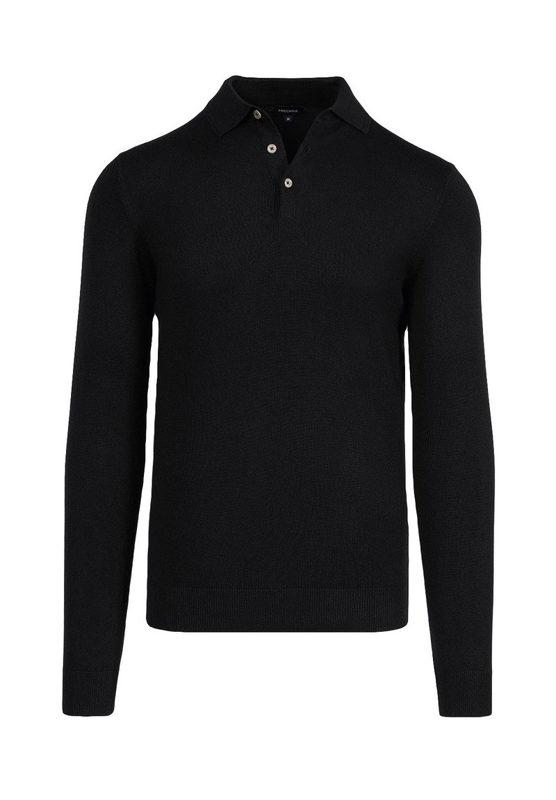 Czarna koszulka polo z długim rękawem, z dwoma guzikami przy kołnierzy, o strukturalnym splocie i dopasowanym kroju. Brak widocznych logo.