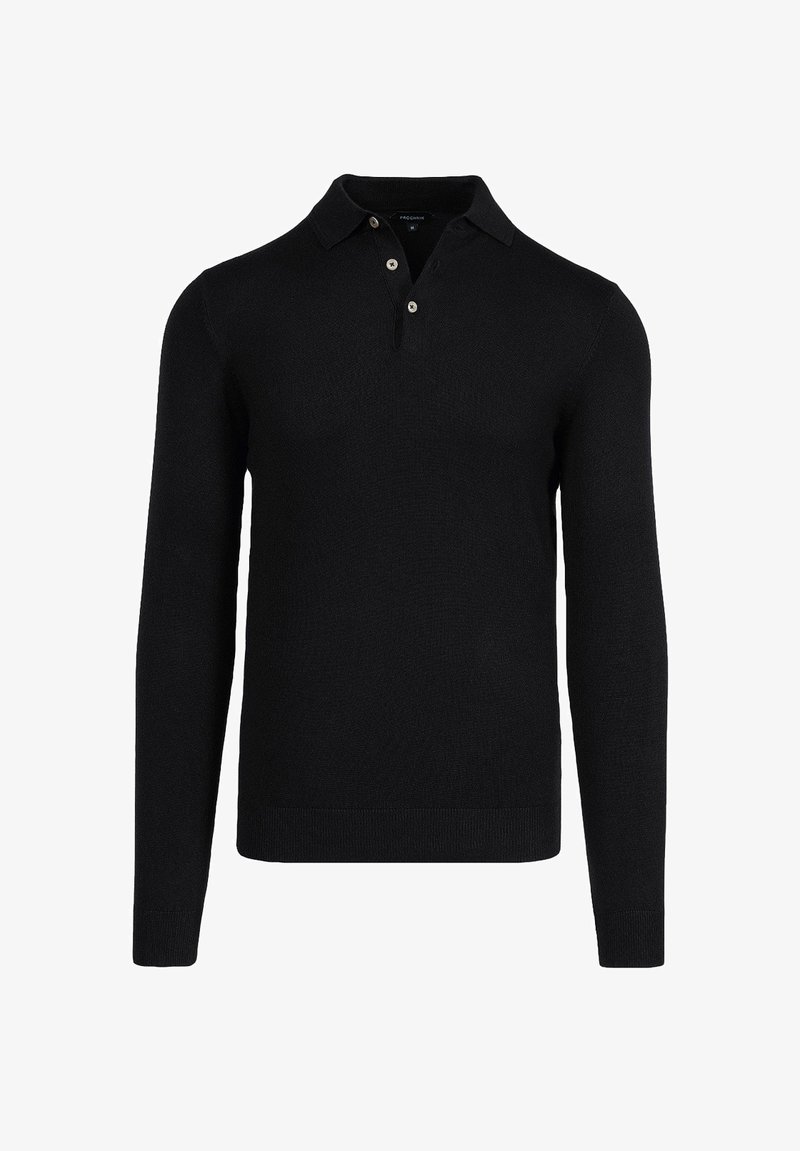 Czarna koszulka polo z długim rękawem, z dwoma guzikami przy kołnierzy, o strukturalnym splocie i dopasowanym kroju. Brak widocznych logo.