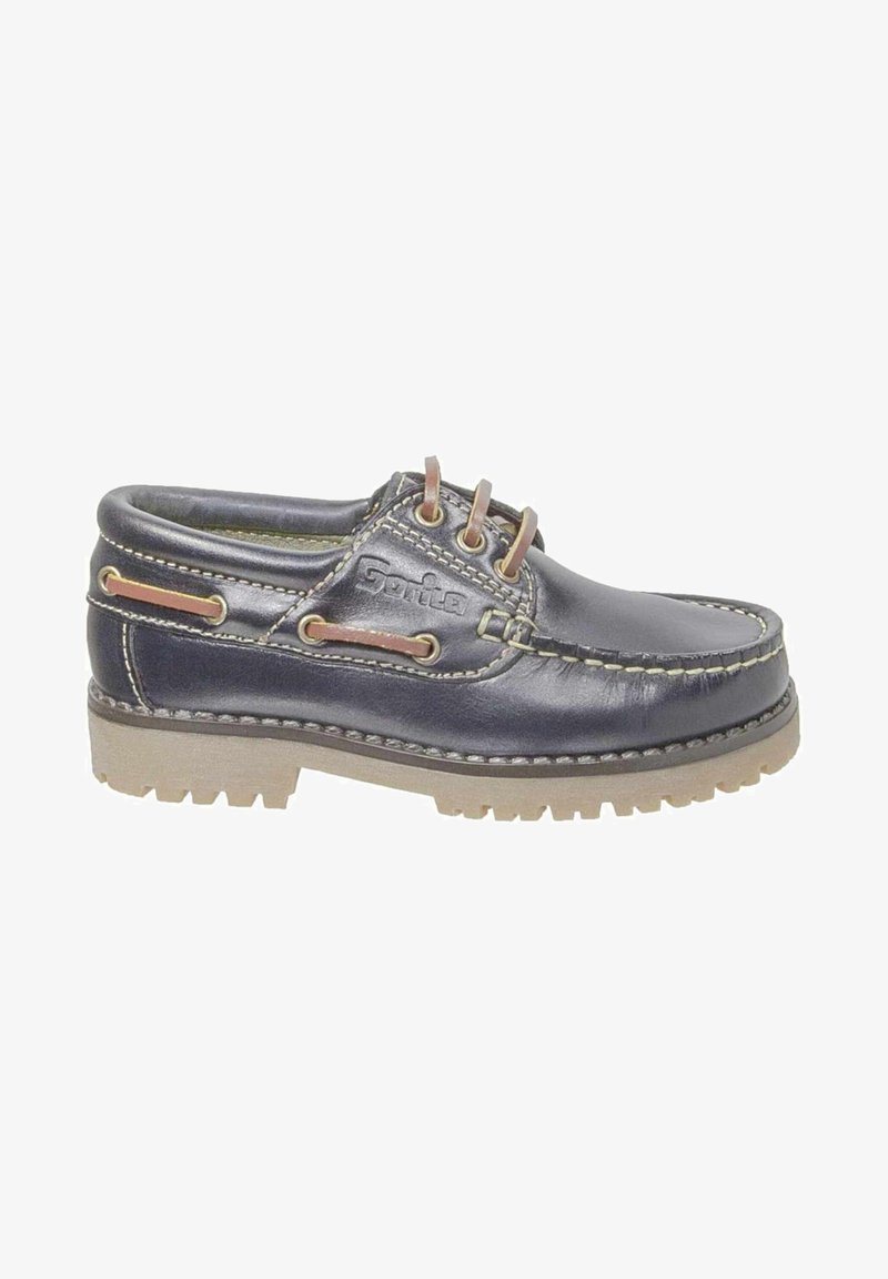 Zapato de cuero azul marino con cordones cerrados, acentos marrones, suela de goma, puntera tipo mocasín y banda de rodadura beige para tracción y durabilidad.