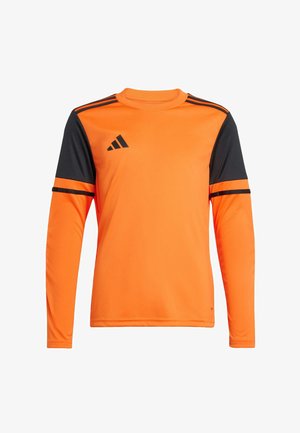 Long-sleeve athletic shirt in vibrant orange with black accents. Features black shoulder panels and three black stripes on sleeves.
