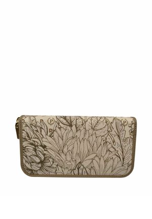 Portafoglio beige con motivo floreale e foglie marroni, chiusura con zip sul lato e dettagli sottili a forma di lettera "P" nel design.