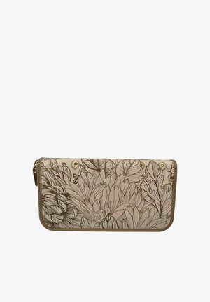 Portafoglio beige con motivo floreale e foglie marroni, chiusura con zip sul lato e dettagli sottili a forma di lettera "P" nel design.